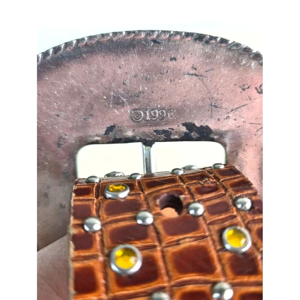 Vintage Ariat Western Leather Belt 1996 Brown Studded Rhinestone Concho Women M